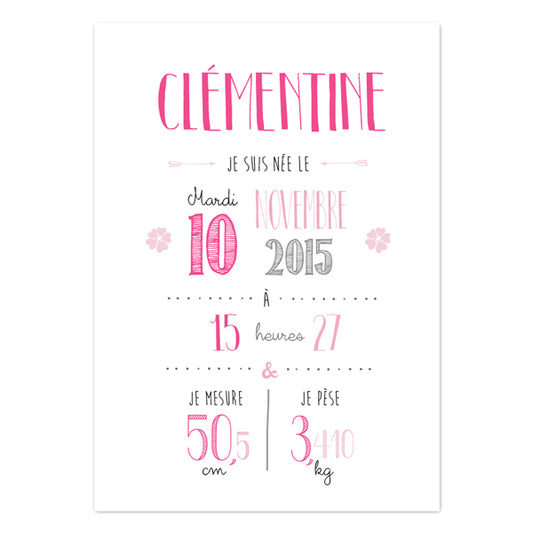 Affiche de Naissance Personnalisée Rose vif