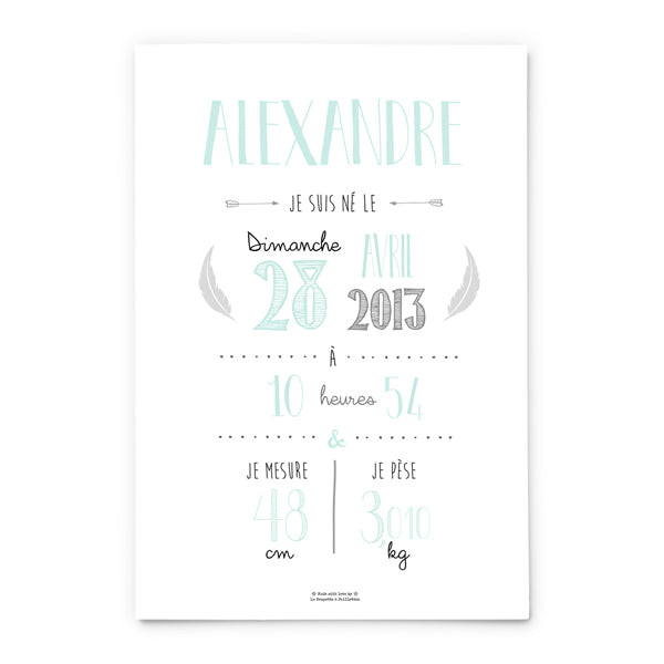 Affiche de Naissance Personnalisée Vert d'eau