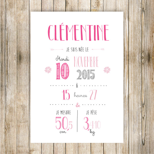 Affiche de Naissance Personnalisée Rose vif
