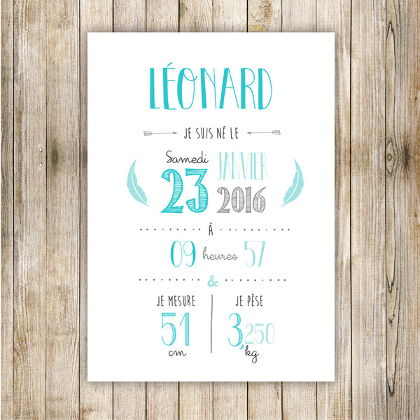 Affiche de Naissance Personnalisée Turquoise